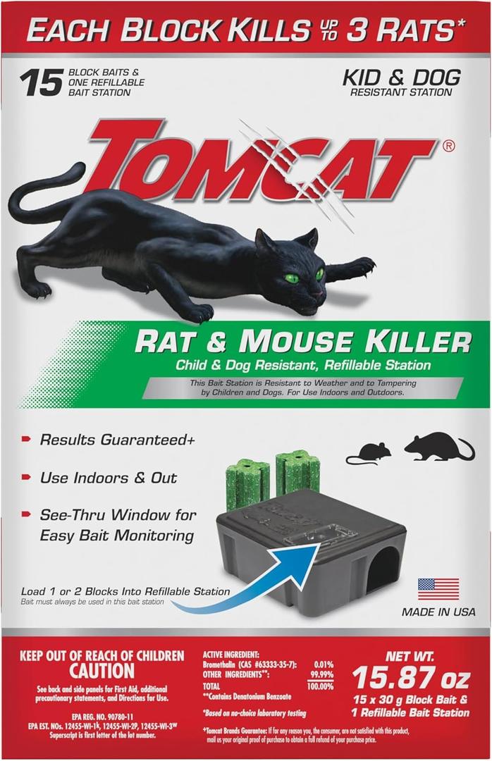Tomcat Rat & Mouse Killer, Child & Dog Resistant Refillable Station Tamper-Resistant Indoor/Outdoor Bait Station with Clear Monitoring Window, 1 Station and 15 Bait Blocks