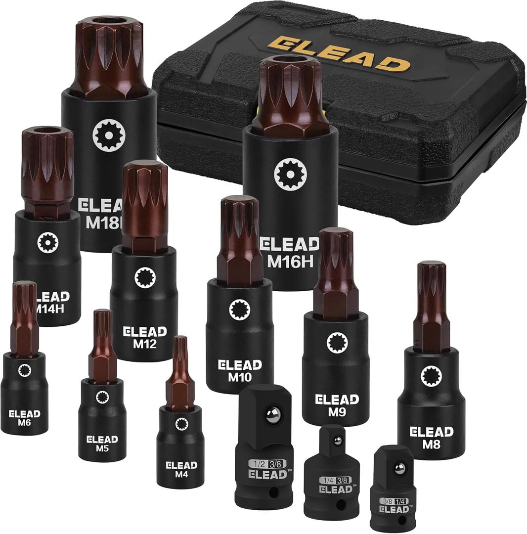 13-Piece XZN Triple Square Spline Bit Impact Socket Set - Premium S2 Steel European Style M4 - M18 with Socket Adapters, 1/4, 3/8 and 1/2 Drive | Professional Mechanic Garage Tools