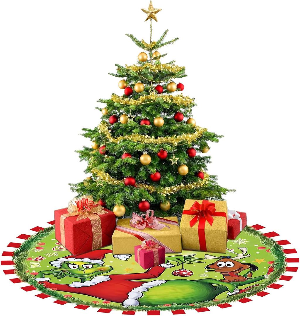 Christmas Tree Skirt Soft and Funny Red Green Trimmed Christmas Tree Collar Farmhouse Xmas Holiday Decoration 48 Inch (Green)