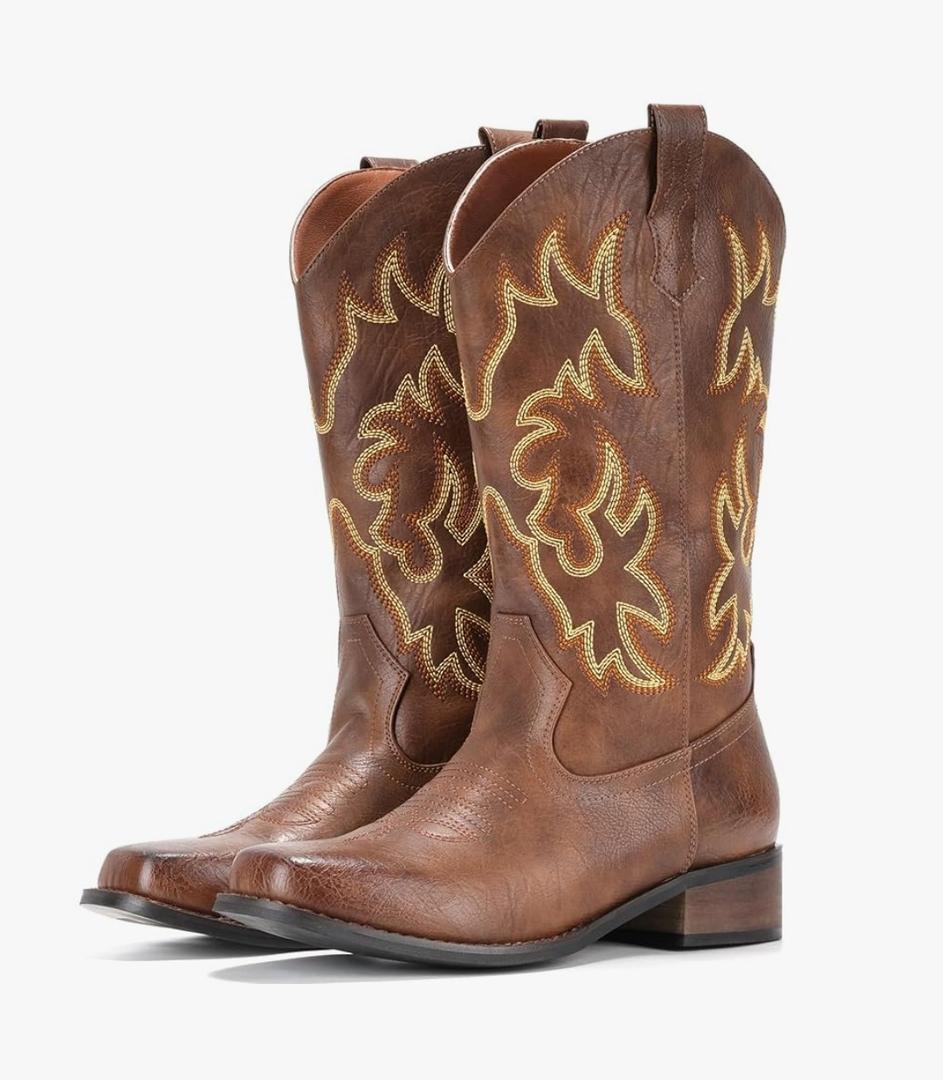 IUV Cowboy Boots For Women Square Toe Cowgirl Boots Mid Calf Western Boots Pull On Fashion Cowboy Boots 9