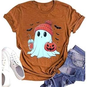 Halloween Ghost T-Shirt Womens Fall Pumpkin Graphic Shirt Spooky Season Tee Halloween Party Outfit Cute Coffee Clothing (Brown1, L)