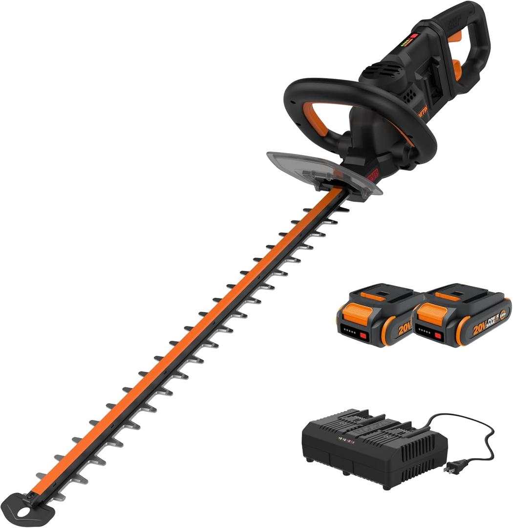 WORX Nitro 24" Cordless Hedge Trimmer, Electric Hedge Trimmer with Dual-Action Blades & 3400 SPM, Brushless Bush Trimmer with 180 Rotating Handle, 2 Batteries & Charger Included, WG286