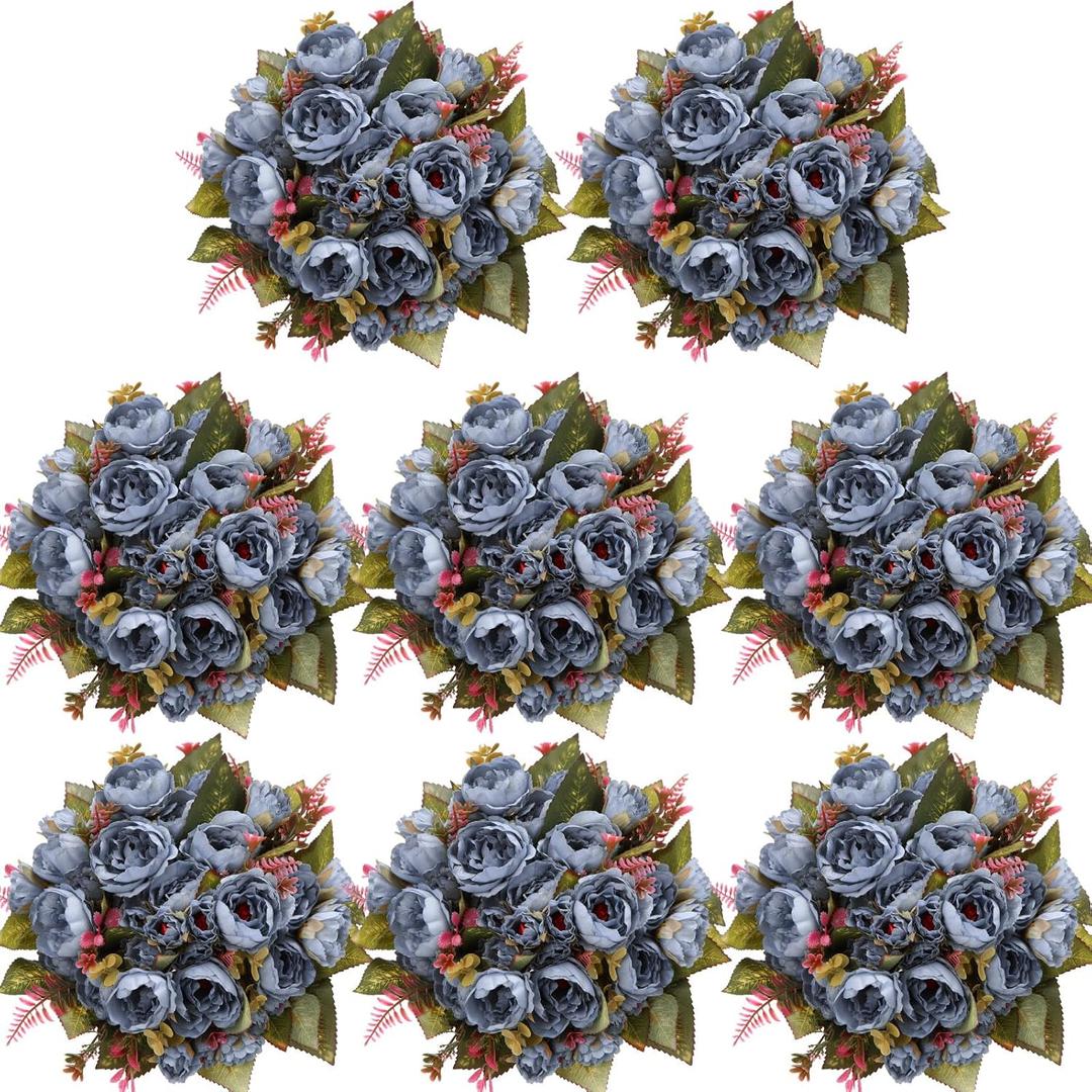 Geosar 8 Bundles Artificial Peonies Flowers Fake Silk Peony Bouquet Faux Peonies Flowers Bulk for Decoration Vase Floral Arrangements Wedding Party Table (Blue)