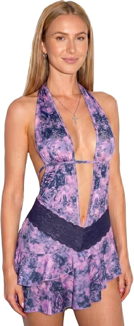 Evankin Women's Sexy Dress Deep V-neck Hollow out Short Skirt Hanging Neck and Backless Dress (Large, Purple)