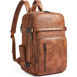 Leather Laptop Backpack for Women, Featuring a 15.6" Padded Laptop Compartment, Water Bottle Pocket and Trolley Sleeve, Ideal for Work, Travel, Everyday Use, and as a Thoughtful Gift (2-1 Brown)