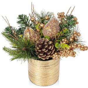 Mini Christmas Tree, Artificial Potted Christmas Tree with Pears Pine Cones Berries Tabletop Small Christmas Floral Arrangements in Gold Ceramic Pot Xmas Centerpieces for Table Desk Mantle Decor-9.4''