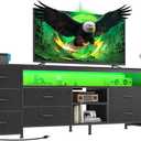 Huuger 70.9 Inch LED TV Stand Dresser with Power Outlets, USB-C Port and LED Lights, 10 Fabric Drawer Dresser for Bedroom, Long Entertainment Center for 75, 80 Inch TV, Open Shelves, PU Leather, Black