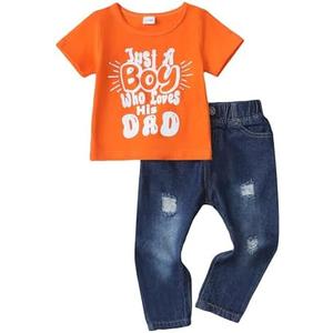 Toddler Boy Clothes Baby Boy Outfit Letter Prints Hoodies Top Ripped Jeans Cute Boys Clothing Set Fall Winter (18-24 Months, Orange)
