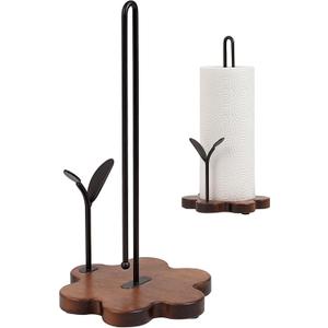 Wooden Paper Towel Holder Countertop, Floral Base with Dual Iron Rods in Antique Brown Finish, Leaf-Shaped Accent, Stable & Durable, Non Slip Pads, Elegant Kitchen/Dining Dcor