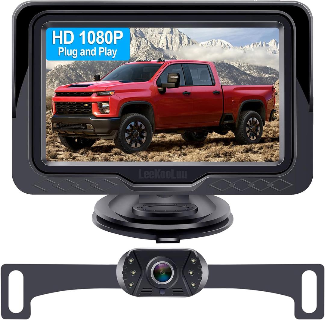 HD 1080P Backup Camera Plug & Play: Easy to Install in 15 Minutes Starlight Night Vision for Backing Up Safely in the Dark - Real-time Image Zero lag Rear View Camera with Monitor for Cars Trucks SUVs