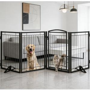 Metal Free Standing Dog Gate with Cat Door for Indoor Outdoor,32" Tall Foldable Dog Fence with Gate,80" Extra Wide Freestanding Pet Gate for Large Openings,Stairs,Deck,Yard,Doorways(4 Panels,Black)
