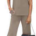 Two Piece Set for Women Summer Outfits 2026 Vacation Trendy Lounge Sets Short Sleeve Matching Sets Women's Clothing Wide Leg Crop Pants Set Travel Airport Sweat Set Chocolate Brown XXL