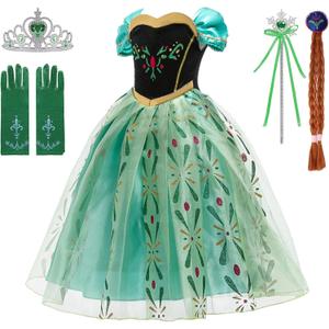 Snow Queen Princess Costume Birthday Party Dress Up for Little Girls with Wig,Crown,Wand,Gloves 3-10 Years (7-8 Years, Green-a60)