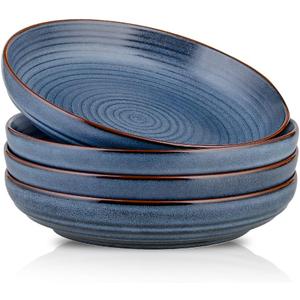 HVH 9.2 inch Large Pasta Bowls Set of 4, 40oz Big Salad Bowl Set of 4, Ceramic Plates Set, Shallow Bowls, Ceramic Bowls Set Microwave and Dishwasher Safe, Farmhouse Style (Black)