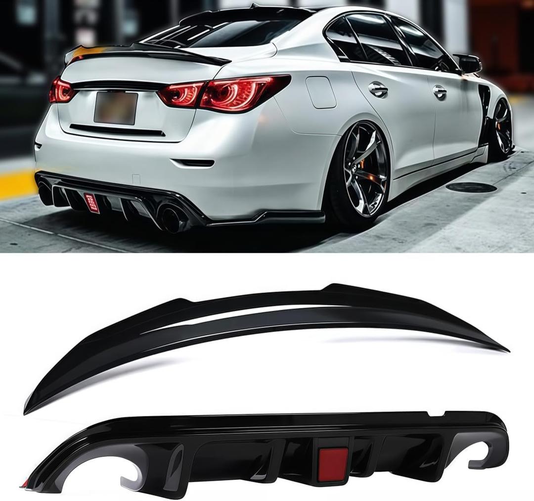 Duckbill Rear Spoiler & Rear Diffuser Compatible with Infiniti Q50 2014-2017 Sedan, Glossy Black Sport Style Trunk Wing Lip and Rear Bumper Splitter Kit