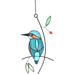 Lolitarcrafts Kingfisher Stained Glass Window Hangings Bluebird on Branch Suncatchers for Window Modern Birds Decor (Blue with Rhinestone)