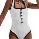 Saodimallsu Womens One Piece Swimsuit Vintage Ribbed Slimming High Cut Color Block Button Square Neck Bathing Suit (White, S)