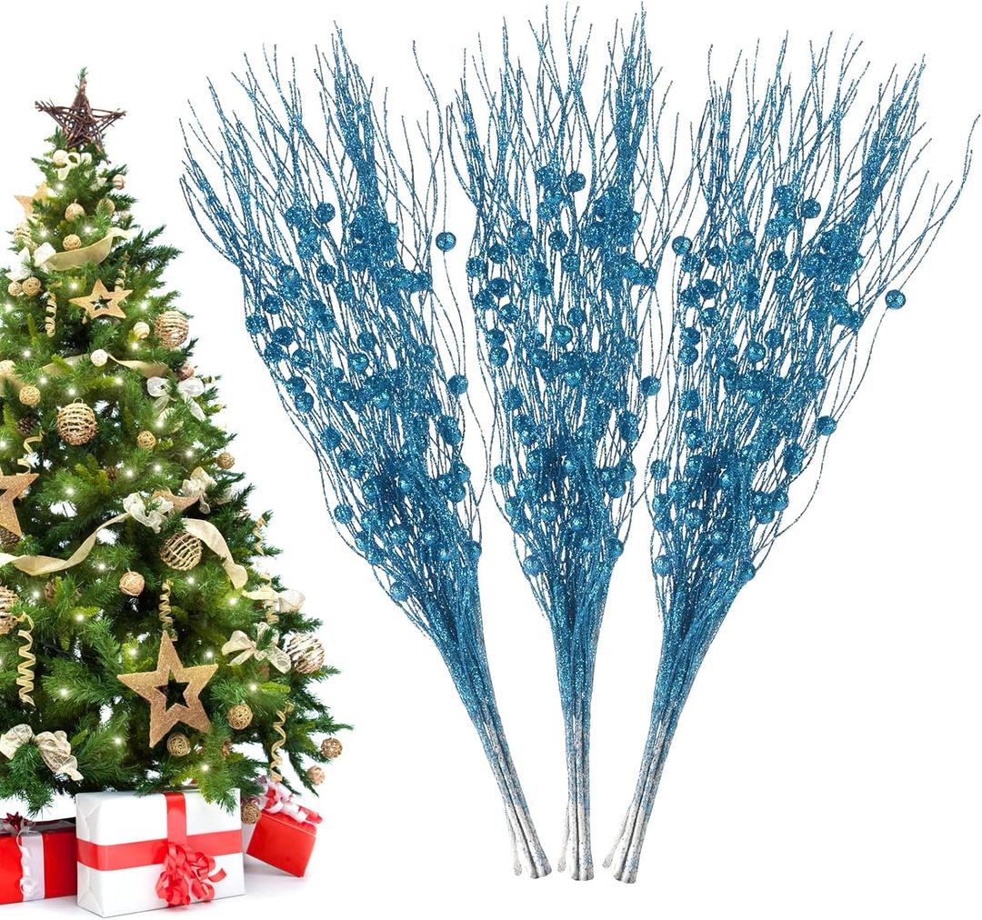 Christmas Artificial Glitter Berry Stem Decorations Decorative Bead Sticks Xmas Picks Glittery Twigs Branches for Christmas Tree Wreath Gift Vase Decor Party Ornaments Blue 24 PCS