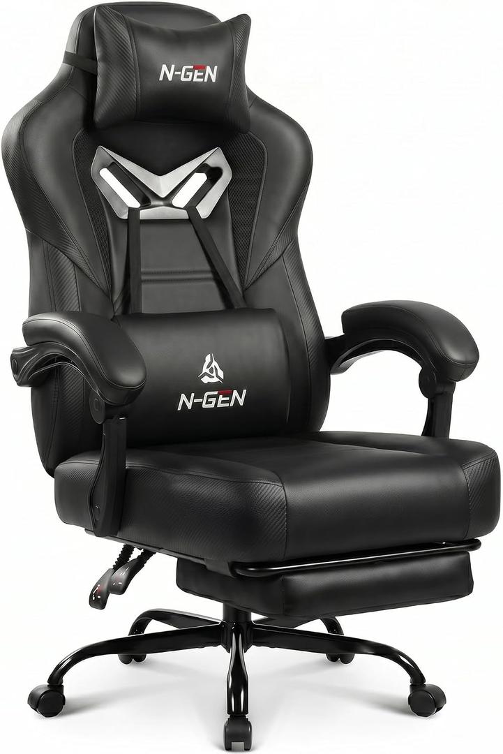N-GEN GAMING Big & Tall Gaming Chair, Footrest, Lumbar Support, Dark Black | Ergonomic High-Back Chair for Adults, Padded Wide Seat with Heavy-Duty Base, Reclining Comfort for Computer, Office/Home Use