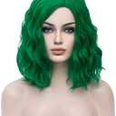 BERON Green Wigs for Womens Short Curly Wavy Hair Wig Girls Dark GreenSide Part Wigs Heat Resistant Synthetic Party Cosplay or Daily Wig