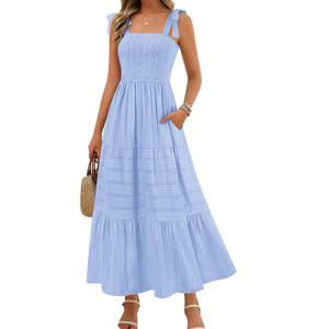 MEROKEETY Women's Summer Boho Maxi Dress Beach Vacation Casual Smocked A Line Sundress with Pockets