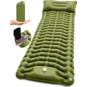 Camping Sleeping Pad, Inflatable Camping Mattress Pad with Built-in Pillow & Foot Pump, 4 Inch Thick Ultralight Sleeping Air Mattress for Backpacking, Hiking, Traveling, Tent Camping - Olive Green