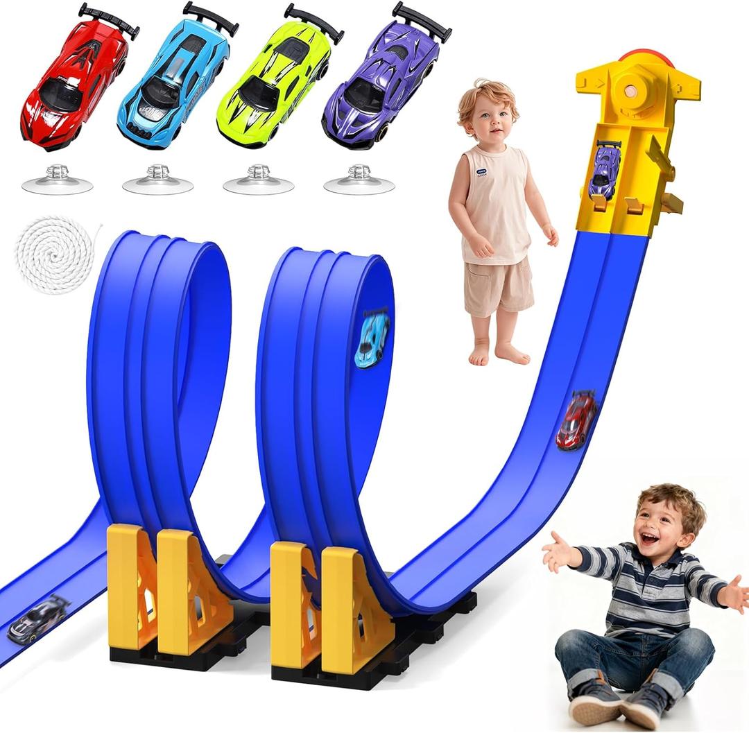 Flex Race Track 16 Ft with Start Gate Accessories Compatible with Diecast 1/64th Cars, Flexible Car Track Toys for Ages 3+ Kids Toddlers Roll Out Portable Racetrack (Blue)