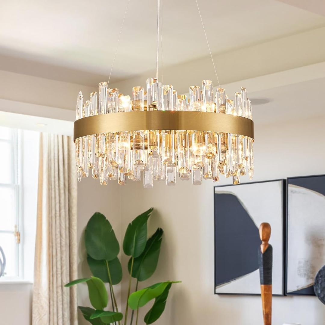 Siljoy Modern Crystal Chandelier, 12-Light Luxury Round 2-Tiers K9 Crystal Raindrop Chandelier, Brushed Brass Gold Crystal Pendant Ceiling Light for Living Dining Room Kitchen Island Foyer D19.7''