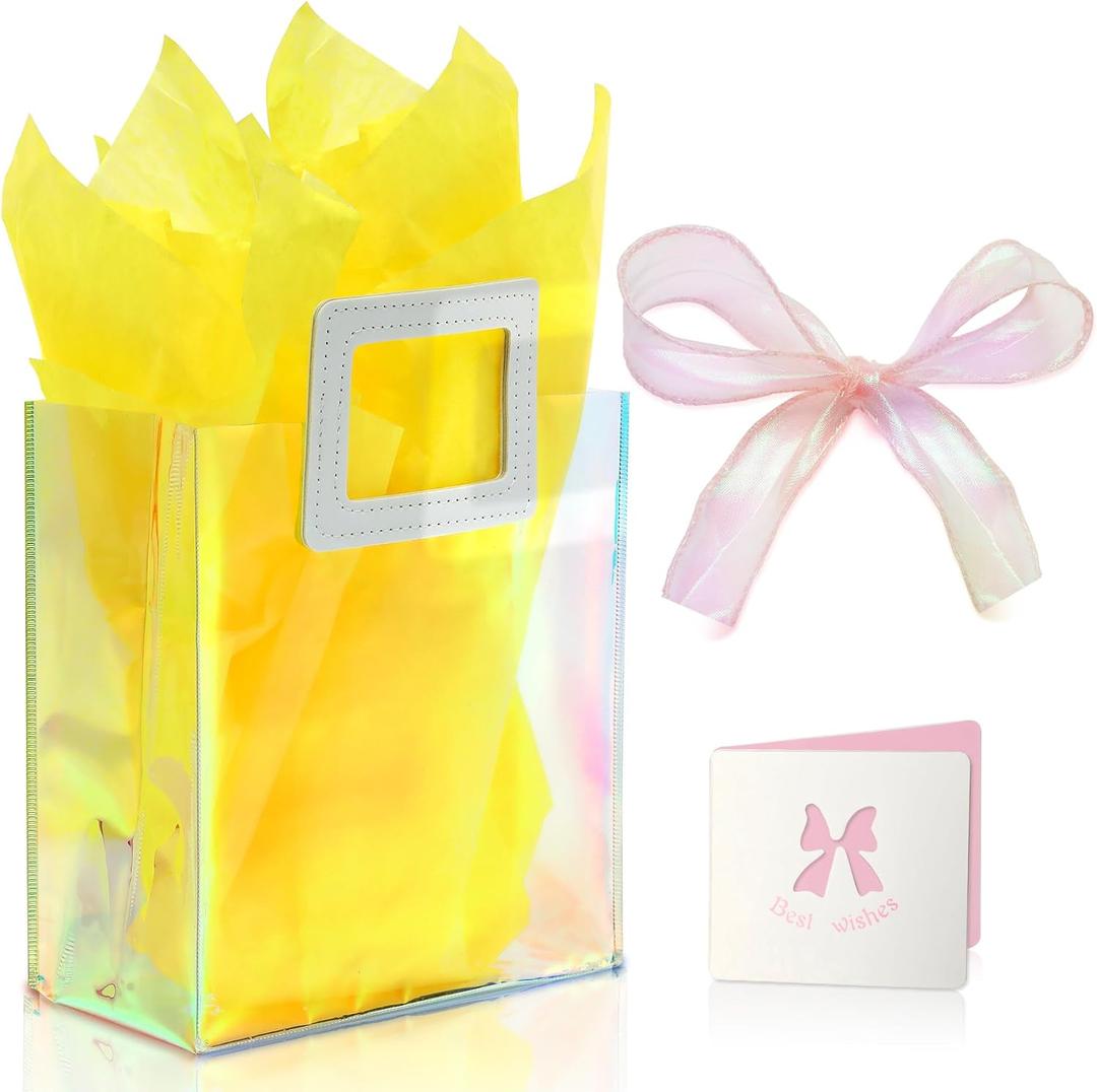 2 x KeerxunBag 1 Pack Holographic Gift Bags with Handles & 2 Tissue Paper Sheets – Iridescent Transparent Reusable Bags for Women, Girls, Birthdays, Weddings，Yellow Gift Bag