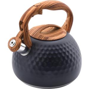 Tea Kettle Stovetop, 3.2 Qt Stainless Steel Whistling Kettle for Stove Top, Food Grade Teapot with Wood Pattern Handle for Coffee, Milk etc, Gas Electric Applicable (Black)