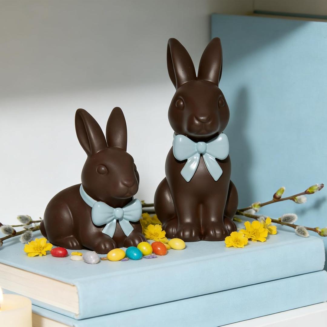 DN DECONATION Easter Decorations Bunny Figurines Set with Blue Bow, Rabbit Statues for Cute Brown Easter Spring Decor & Farmhouse Home Decor, Resin Tabletop Sculptures for Shelf Mantel Coffee Table