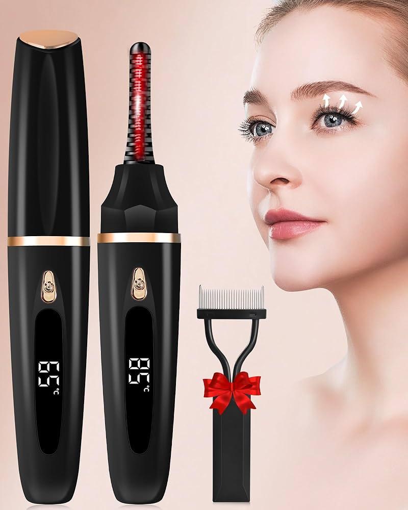 Heated Eyelash Curlers, USB Rechargeable Long Lasting with LED Temp Display Electric Lash Curling Wand with LED Display for 24h Long Lasting Curling Black