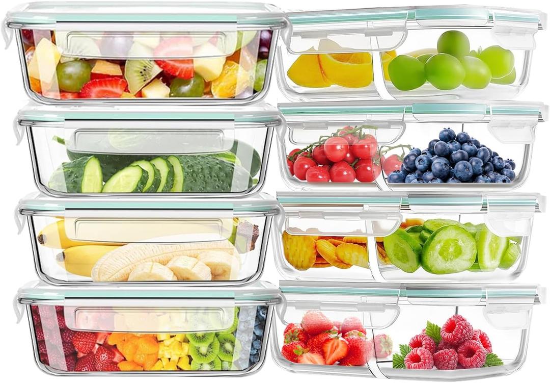 Airtight Glass Food Storage Containers with Lids, Glass Lunch Box, Leak-proof, BPA-Free, Microwave, Oven, Freezer, Dishwasher (8-Pack)