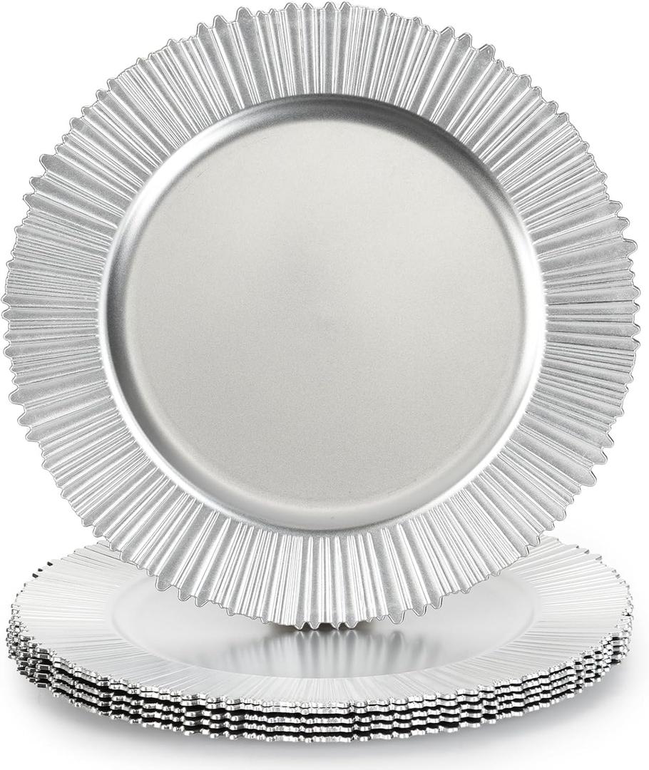 13" Floral Silver Charger Plates, Classic Chargers for Dinner Plates, Reusable Plastic Table Setting Bulk Event, Party, Wedding, Festival, Baby Shower
