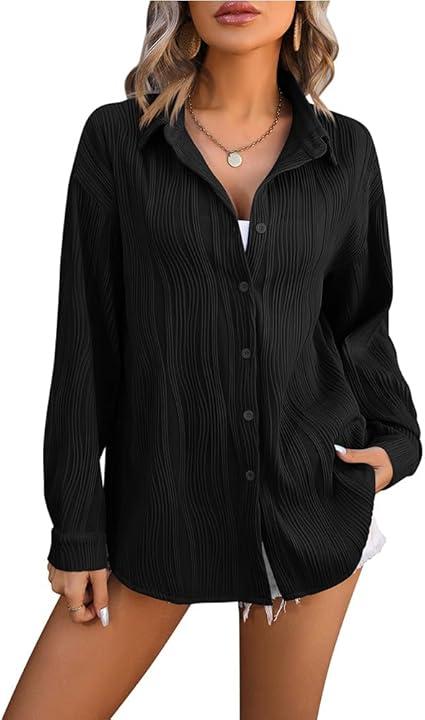 Women Plus Size Button Down Shirts Long Roll Up Sleeve V Neck Collared Casual Blouses Oversized Shirt Tops
 (Size 2XL, Black)
