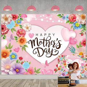 Happy Mother's Day Backdrop 7x5FT Pink Flowers Mothers Day Photography Background Thanks Mom Women Birthday Party Decorations Banner Supplies