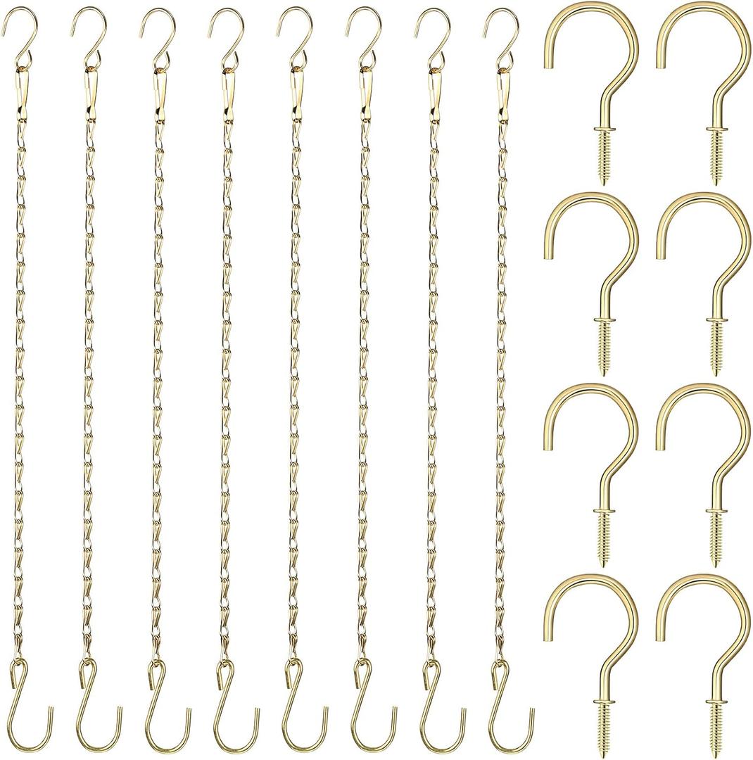 Hotop 8 Pcs Metal Hanging Chains with Ceiling Hooks, Garden Plant Hangers for Hanging Bird Feeders, Billboards, Chalkboards, Basket, Planters, Lanterns, Wind Chimes, Chain Hook DIY(16.38 Inch,Gold)