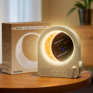 Sunrise Alarm Clocks for Bedrooms, Stepless Dimmable Moon Lamp Dual Alarm Clock Wake Up Light with 12Levels Volume for Heavy Sleepers, 10 Natural Sounds with 30/60/90min Timer Night Light (woodgrain)