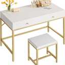 SUPERJARE 35.4" White and Gold Desk with 2 Drawers, Modern Makeup Vanity with Padded Stool, Small Computer Desk Home Office Desk for Writing Study Bedroom