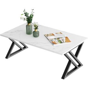 Coffee Table White Living Room Center Table, Simple Modern Faux Marble Rectangular Tea Table with Sturdy Black Metal Frame,Industrial Wooden Coffee Table for Bedroom Home Office