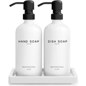 White Glass Hand and Dish Soap Dispenser Set by Brighter Barns - Kitchen Soap Dispenser Set with Tray for Kitchen, Home or Vacation Rental - Modern Kitchen Decor & Accessories (White)