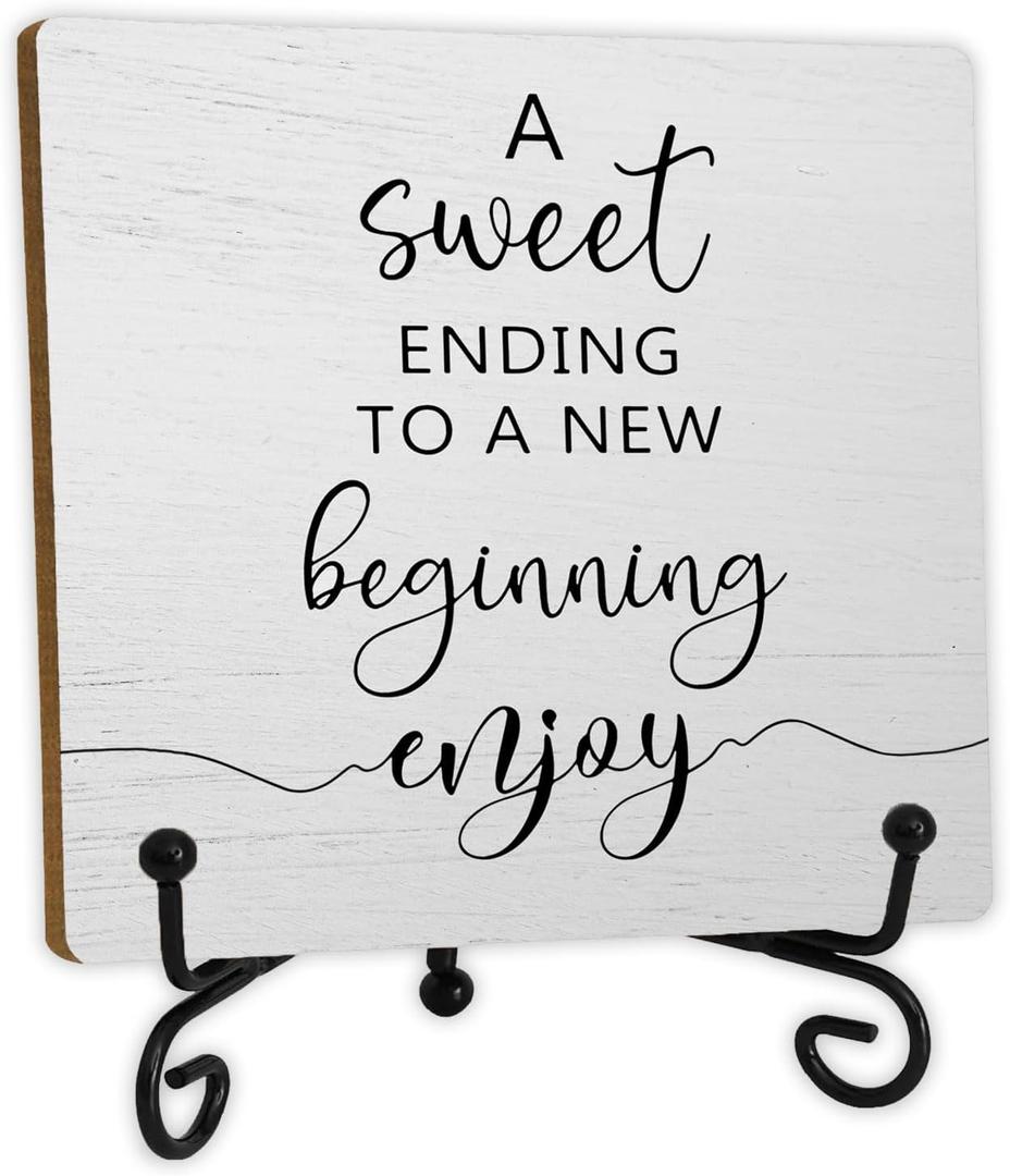 A Sweet Ending to A New Beginning Sign 5x5 Inch,Wedding Wood Plaque With Stand,Baby Shower Retirement Graduation Party Decorations,Wedding Decor