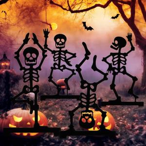 Geelin 4 Pcs Metal Halloween Yard Signs Black Skeleton Garden Metal Stakes Gothic Scary Outdoor Decorations for Trick or Treat Lawn Cemetery Decor Props, 15.75 Inches