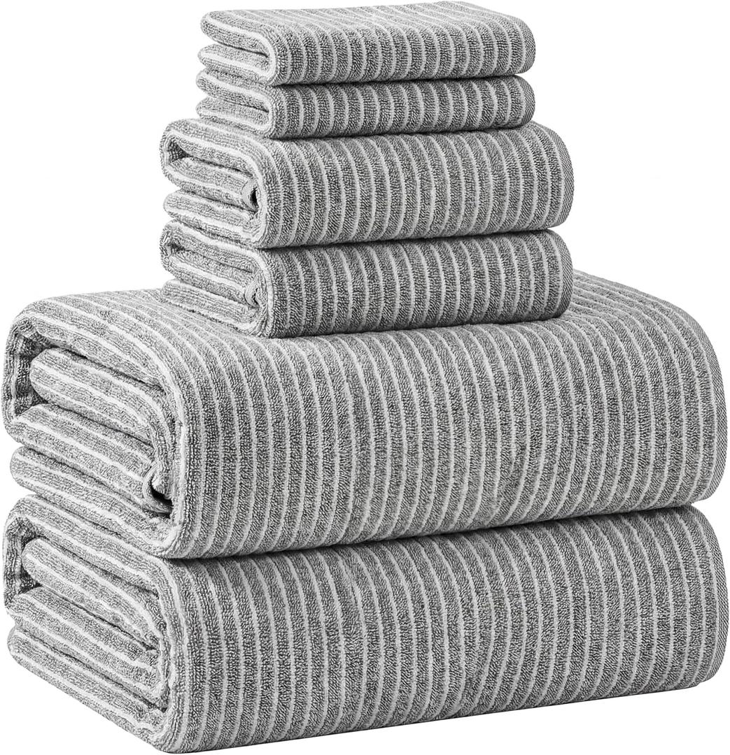 6 Pcs Oversized Bath Towels for Adults 35x70 Inches Gray & White Striped Extra Large Bath Towel Sets Bathroom Sheets Jumbo Shower Towels Quick Absorbent Soft Microfiber for Women Men