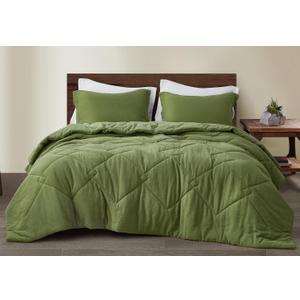 Chezmoi Collection Skye 3-Piece Breathable Lightweight Cotton Gauze Comforter Set Queen, Olive Green Reversible Soft Washed 100% Cotton Muslin Thin Comforter, 130GSM Fill Summer Blanket