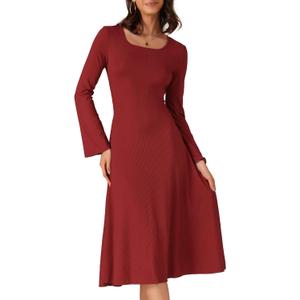 Allegra K Women's Square Neck Sweater Dress Fall Lace Up Bell Long Sleeve Casual A-Line Midi Dresses (Red) X-Small 