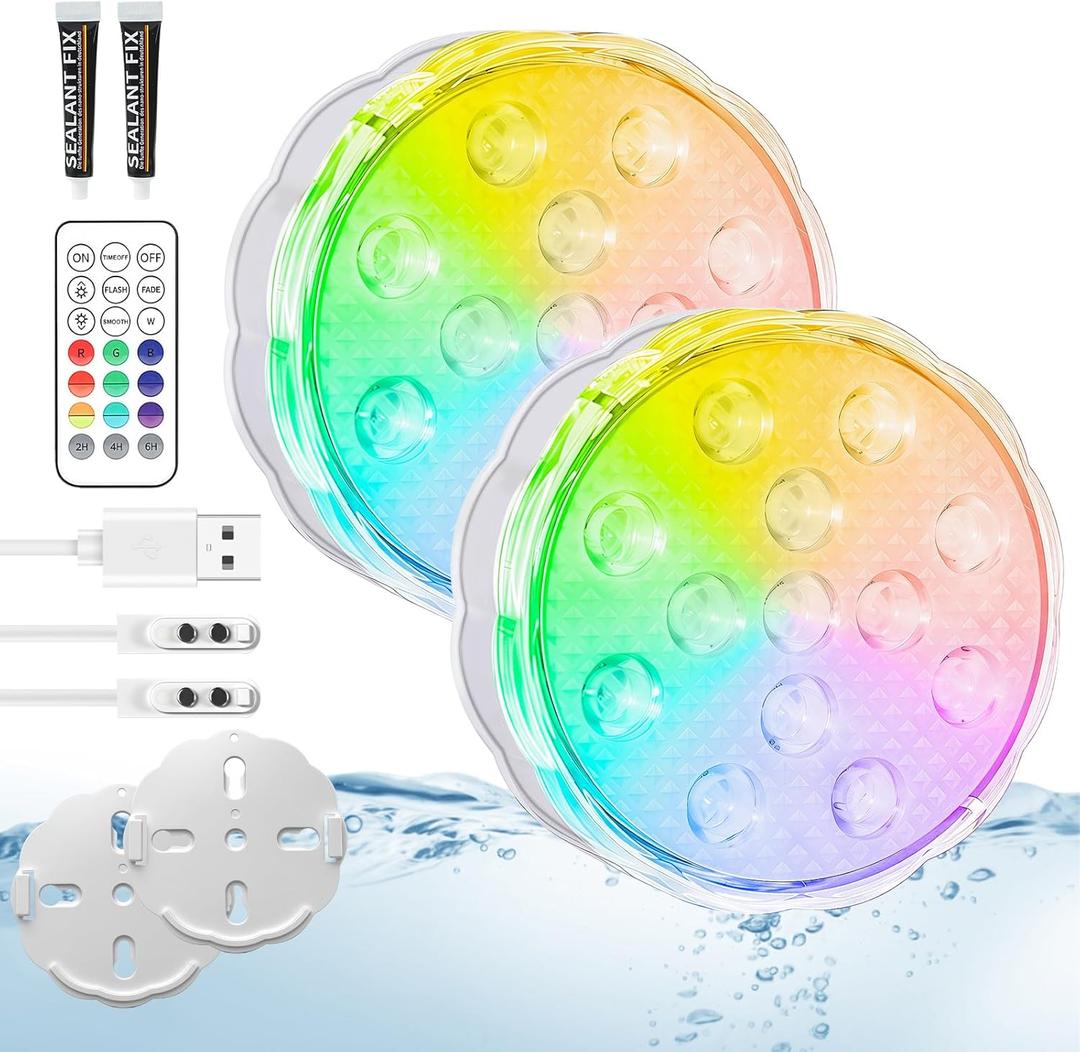 YiaMia Rechargeable Pool Lights with Remote, 2 Pack IP68 Waterproof Submersible LED Lights for Above Ground & Inground Pools, Bath, Shower, Party Decoration, Spas, Aquariums