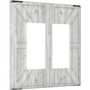 Decorative Outlet Covers Rustic Wooden White Barn Doors 2 Gang Wall Plate Double Rocker Decora Light Switch Cover Plate Jumbo Dual Electrical GFCI Switch Plate Cover for Farmhouse Decor (2-Gang Rocker /4.6 x 4.5 IN)