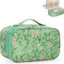 Relavel Small Makeup Bag, Travel Floral Cosmetic Bag with Makeup Brush Compartment, Portable Makeup Pouch for Women, Double Layer Makeup Organizer Bag Cute Toiletry Bag, Green Floral (2-MEDIUM)