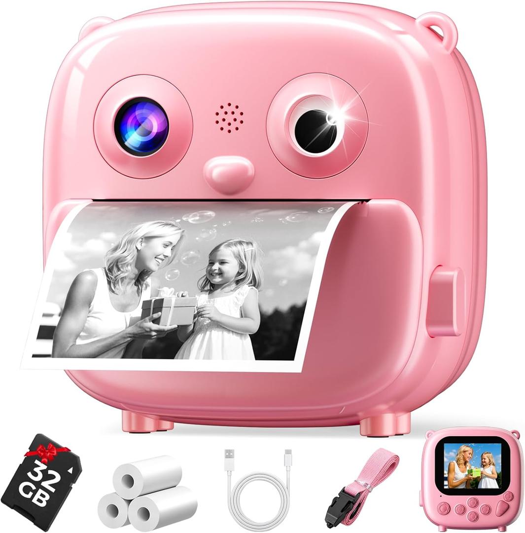 Kids Instant Print Camera- Christmas Birthday Gifts for Age 3-12 Girls Boys- Selfie Digital Camera with 32GB SD Card- Toddlers Portable Travel Toy for 3 4 5 6 7 8 9 10 Year Old Girls Boys-Pink
